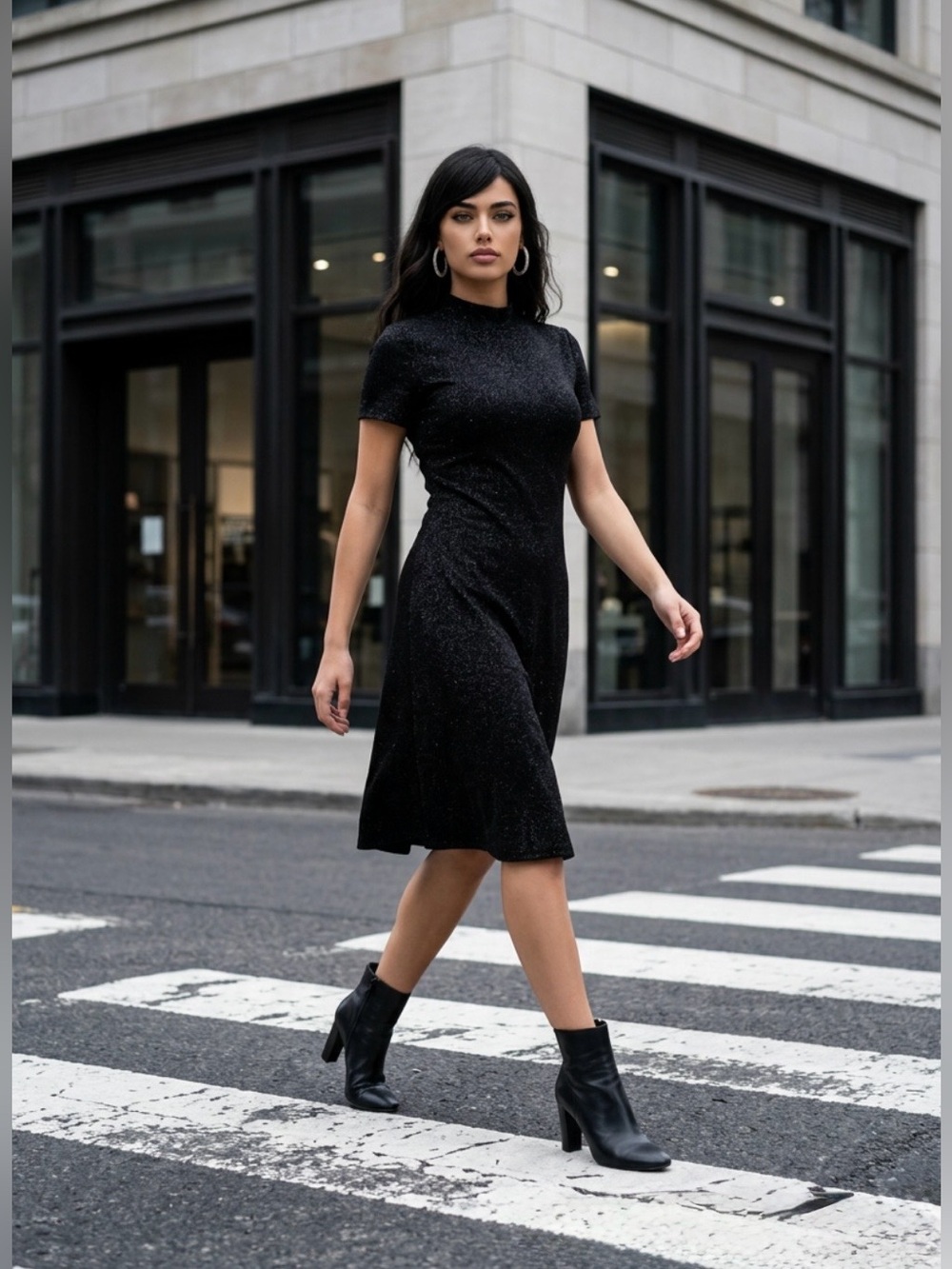 2 for $30 | Classic Black Short-Sleeve Midi Dress with Mock Neck - Picture 8 of 15